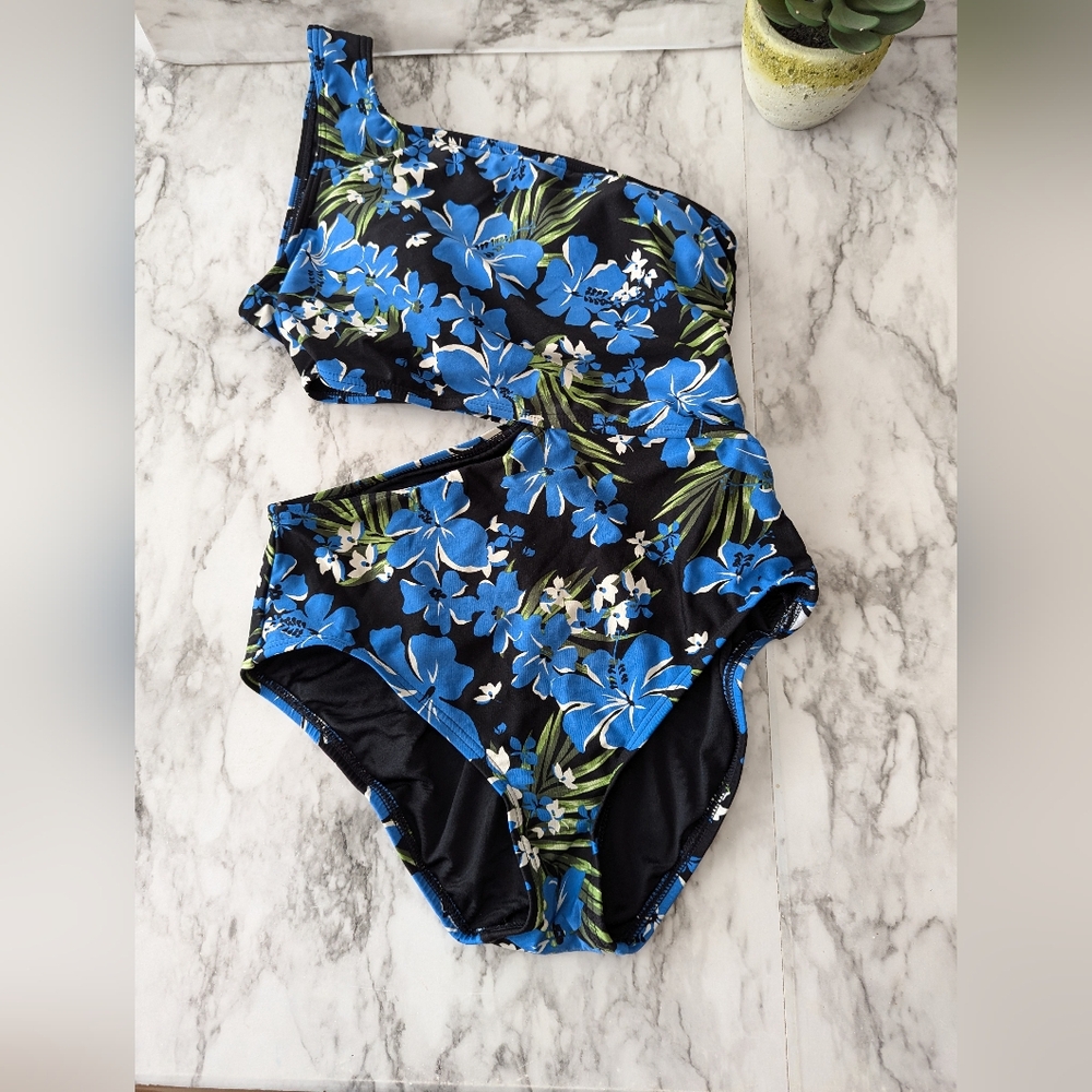 Michael Kors Floral One Piece Swimsuit Cut Out One Shoulder size 8